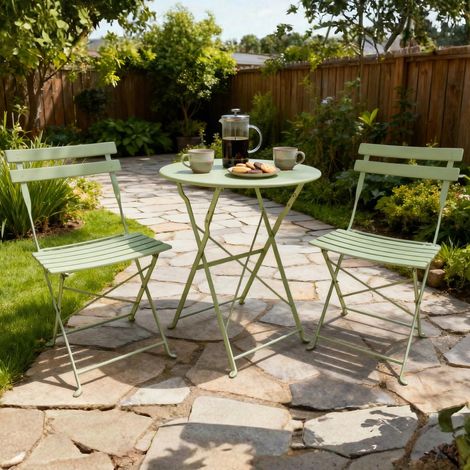 Clifton Bistro Set Outdoor Patio Garden Furniture Table and 2 Chairs Metal Green (1/5)