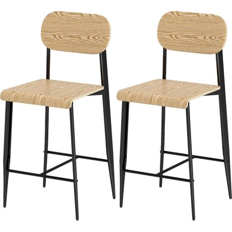 Lot de 2 tabourets de bar en bois naturel et métal noir, hauteur d'assise 66 cm, design industriel (1/5)