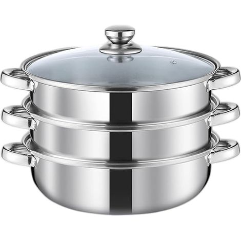 Cuiseur vapeur pour la cuisson de 27,9 cm, casseroles à vapeur à 3 niveaux multifonction en acier inoxydable avec poignée pour légumes (1/5)