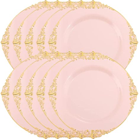 10 runde, puderrosa Plastik-Salatteller/Einwegteller mit 20 cm Durchmesser und geprägtem goldenen Barockrand, für Party- und Eventdekorationen.