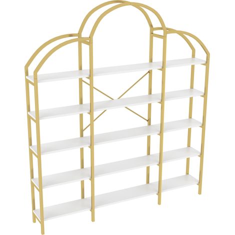 Étagère en métal et MDF à 5 niveaux, 170 x 26 x 190 cm, design simple avec décoration en forme de nuage, blanc et doré (1/5)