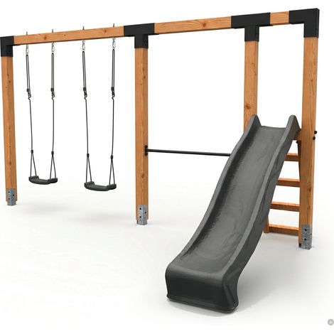 EXIT Linea Robust 110 doppelte Holzschaukel mit Reckstange und Rutsche (1/5)