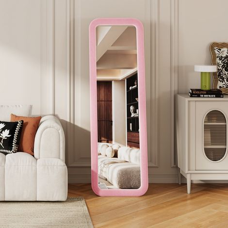 Miroir sur pied rectangulaire arrondi 160x50 cm - Miroir corps entier style romantique avec cadre flanelle - Rose (1/5)
