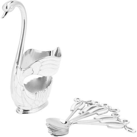 Ensemble de 6 cuillères à café de 11 cm de long avec un support à cuillères à café cygne de 8 cm x 15,5 cm, finition polie miroir, idéal pour les restaurants (blanc argenté). (1/5)
