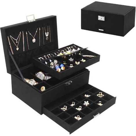 entretien et nettoyage des bijouxBoîte de rangement - Boîtes de rangement - Boîtes à bijoux - Boîte à bijoux à 3 niveaux - avec serrure et tiroirs - Boîte de présentation en velours pour colliers, bra (1/5)