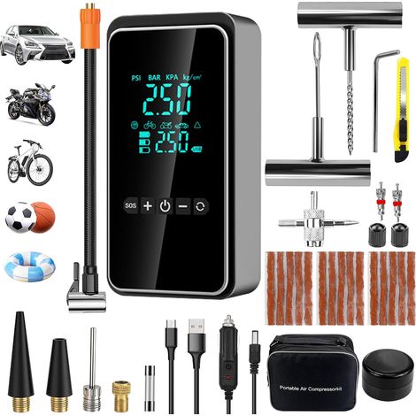 Compresseur à Air Portatif, Gonfleur Pneus Voiture avec 25pcs Kit de Réparation de Pneus, Gonfleur Pneus Voiture sans Fil, Mini Pompe Electrique pour Voiture, Moto, Vélo,Balle (1/5)