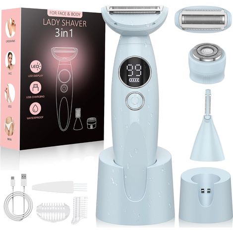Rasoir intime 3 en 1 pour femme, épilateur de poils du visage, rasoir électrique humide et sec IPX7 étanche pour femme, pour zone bikini, aisselles, jambes, chargement USB, bleu brouillard (1/5)