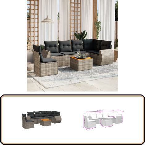7-tlg. Garten-Sofagarnitur mit Kissen Grau Poly Rattan - Gartenmöbel - Esstischgarnituren - Outdoor Möbel - Lounge Set - Rattan Gartenmöbel