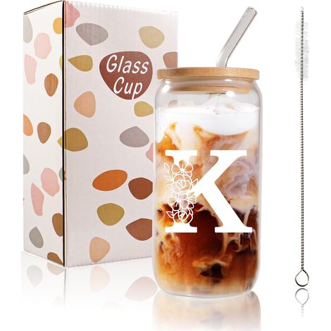 Tasse à café glacé personnalisable avec initiale A-Z pour femme, 500 ml – Tasse à café glacé pour maman, amis et sœurs, homme, papa, tasse à café glacé avec couvercles et pailles (K) (1/5)