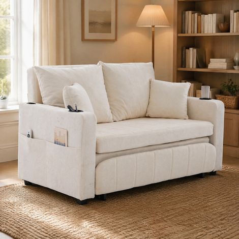 Sofá cama 139/83/58 cm en chenilla beige, multifuncional con bolsillo lateral y 4 cojines (1/5)