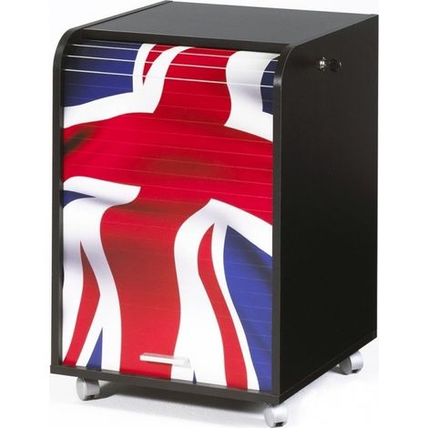 Caisson à rideau sur roulettes 2 tiroirs noir imprimé drapeau Anglais Orga 70cm (1/4)