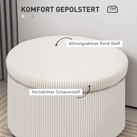 Pouf avec 97 L de rangement, tissu côtelé, mousse, tabouret assis, beige (1/4)