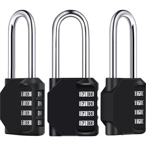 Cadenas étanche à combinaison à 4 chiffres, cadenas d'extérieur résistant aux intempéries pour écoles, gymnases et casiers (lot de 3, noir) (1/5)