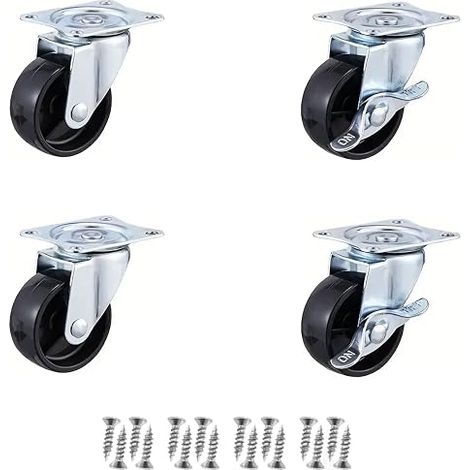 Lot de 4 roulettes de transport 50 mm avec frein - Légères - En polypropylène - Noir - Avec plaque rotative à 360° - Pour meubles, étagère, établi et chariot de transport - Avec vis (1/5)