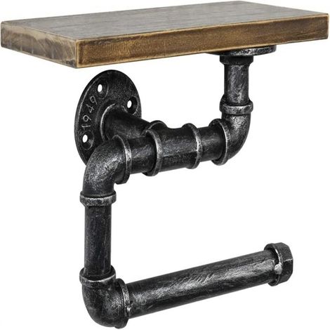 Porte-Papier Hygiénique - En Fer Forgé - Style Industriel Tube Métallique - Fixation Murale - Avec Étagères - 1 Pièce
