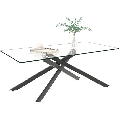 CHICFURN Mesa de centro rectangular de cristal templado con patas de metal negro, diseño moderno para salón, resistente, elegante y fácil de limpiar (1/5)