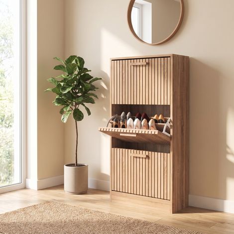 Zapatero estrecho - 60x24x113 cm - mueble organizador de zapatos con 3 puertas de entrada y pasillo - armario slim ahorra espacio de madera estilo escandinavo - natural (1/5)