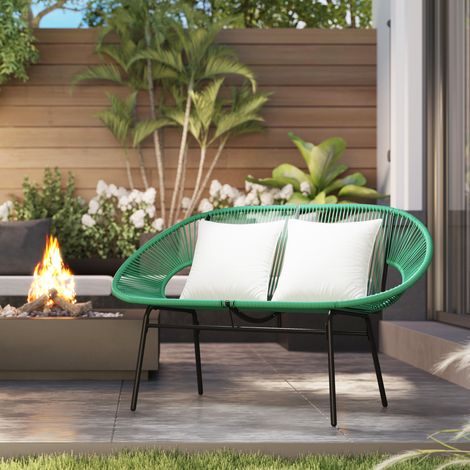 2-Sitzer-Gartensofa aus PE-Rattan und Stahl mit Kissen und Armlehnen, 132 x 72 x 83 cm, Grün