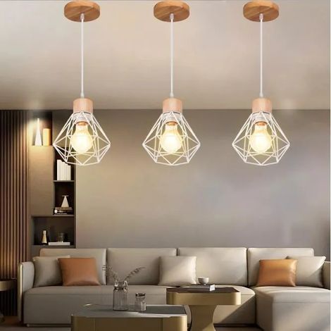 U-Do 3Pcs Lustre Intérieur design Créatif Suspension Cage en Métal Bois Blanc E27 Lampe de Plafonde Luminaire Industriel pour Salon (1/4)