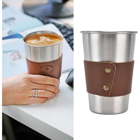 Isolierter Becher im Instagram-Stil aus Edelstahl und Leder, kreatives Saftglas im nordischen Stil, Becher aus lebensmittelechtem Edelstahl 304, Gourmet. (1/5)