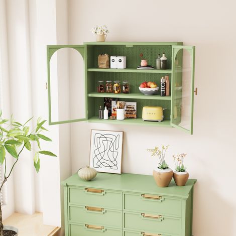 Armario de pared de metal y vidrio templado verde, 2 puertas, 3 niveles, balda interior desmontable (1/5)