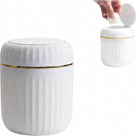 Mini Poubelle de Table 2L - Plastique Style Colonne - Couvercle Pression - Bureau Salle de Bain - Blanc 13x13x16cm (1/5)