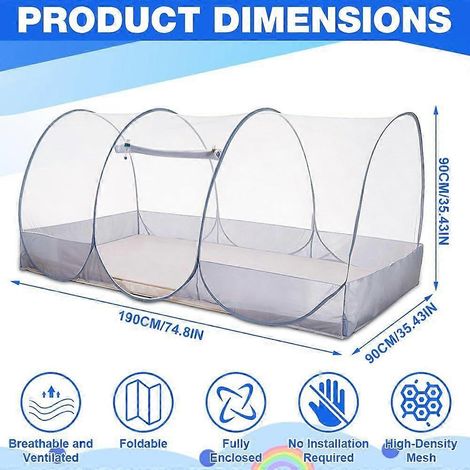 Moskitonetz fürs Bett, 190 x 90 x 90 cm, mit Reißverschluss, faltbar, tragbar, für Bett, Reisen, Etagenbetten, Schlafsäle, Camping (1/3)