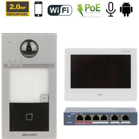 Hikvision Videocitofono senza fili Wi-Fi IP + Posto esterno DS-KV8113-WME1 + Monitor 7" DS-KH9310-WTE1 + Switch DS-3E0106HP-E Nr.01 Monitor