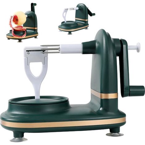 Pelapatate in acciaio inox, pelapatate per frutta, levatorsoli per mele a forma di pera, utensile da cucina girevole manualmente, verde scuro, pelapatate per mele, affettatrice per mele, Ede (1/5)