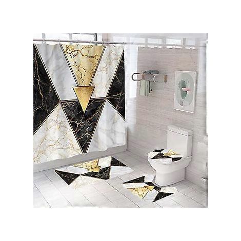 Duschvorhang-Set mit weicher, rutschfester Badematte und WC-Deckel für Badezimmer, 4-teilig, wasserdicht, luxuriöses geometrisches 3D-Muster