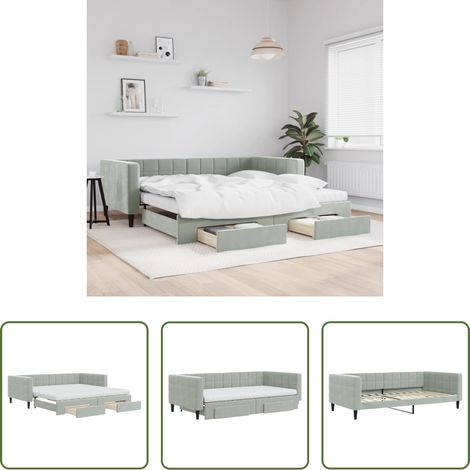 vidaXL Doppelbett - Tagesbett Ausziehbar mit Schubladen Hellgrau 100x200 cm Samt (1/5)
