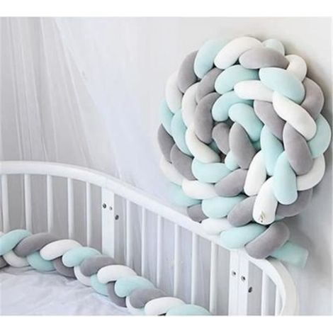 3M Tour de Lit Coussin Serpent Coussin Tressé Pare-chocs Velours Protection Bébé -Blanc+Gris+Vert