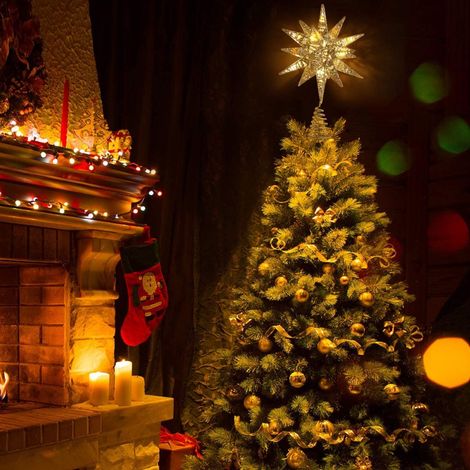 Weihnachtsbaumspitze in Sternform, 3D-geometrischer Stern, dekorative LED-Lichter, batteriebetrieben, wunderschöne Sternenbeleuchtung mit federndem Sockel für die Weihnachtszeit (1/5)
