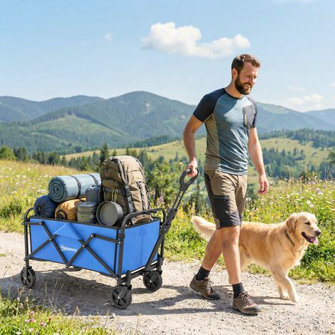 Chariot de jardin pliable à roulettes, poignée réglable, capacité de charge de 68 kg, idéal pour le camping et les courses, 81 x 45 x 89 cm, bleu