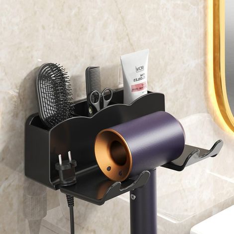 Support mural sans perforation pour sèche-cheveux avec prise de courant pour rangement de salle de bain (noir)