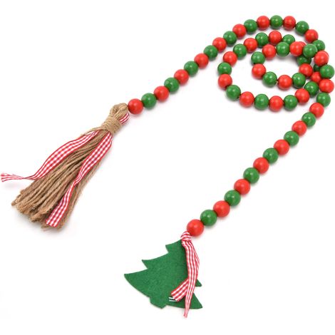 Guirlande de perles en bois, pompon pour sapin de Noël, décorations en perles de bois pour la maison et les fêtes (rouge et vert) (1/5)