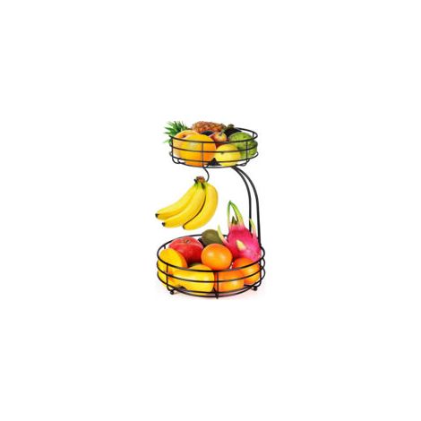 Panier à fruits double niveau en métal avec porte-bananes, corbeille à fruits, coloris noir (1/5)