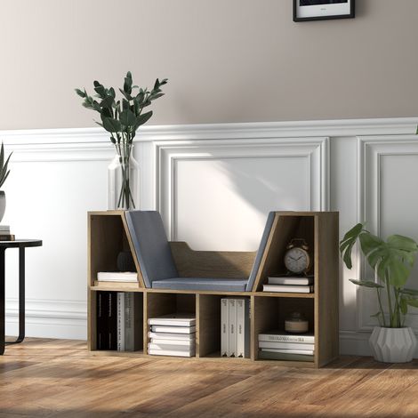 2-in-1-Regal/Bank, modernes Design, 6 Ablagen, 3 Kissen inklusive, 102 x 30 x 61 cm (L x B x H), Graue Eiche
