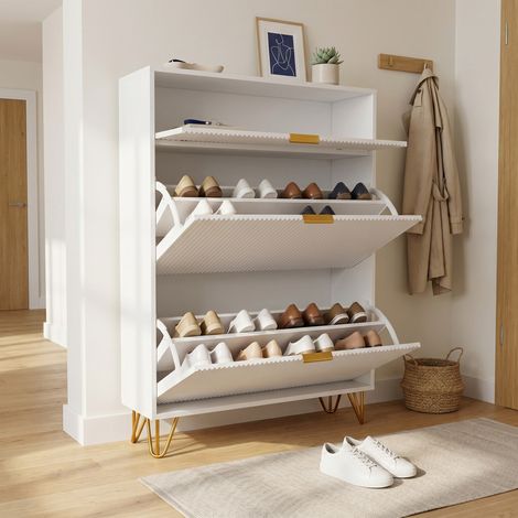 Schuhschrank 80, 3 Klappen, große Kapazität, Wellenfront, Goldfüße, Schrank für Flur, modern/skandinavisch(80x24x118.5cm, Weiß) (1/5)