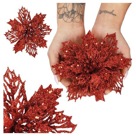 Stella di Natale 14-16 cm rossa con glitter, decorazione natalizia.