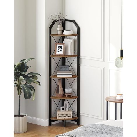 Étagère d'angle industrielle à 5 niveaux, Meuble de Rangement pour chambre à coucher, salon, bureau à domicile, marron rustique et noir 150,9 cm (1/5)