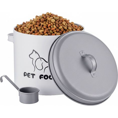 Relaxdays food bin 5 l, HWD: 22x26x18 cm, lid & scoop, galvanised iron, dry pet food storage, white (1/5)