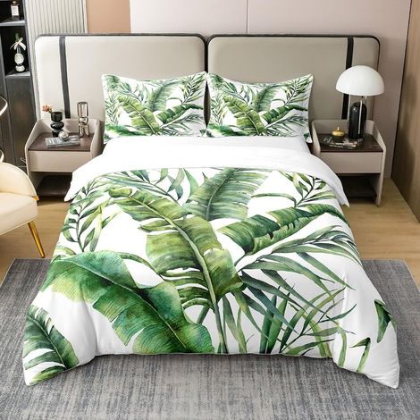 Parure de lit 100 % coton bio - Motif feuilles de bananier hawaïennes - Housse de couette pour adulte - Blanc - 200 x 200 cm (1/5)
