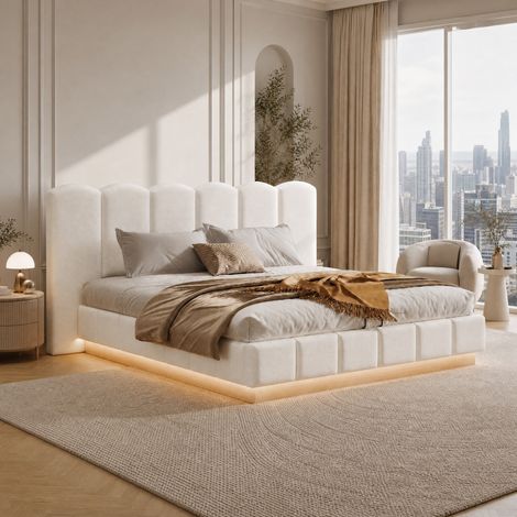 Lit double adulte 180x200 cm en tissu blanc, avec rangement pour chambre, sans matelas FloraGrace (1/5)
