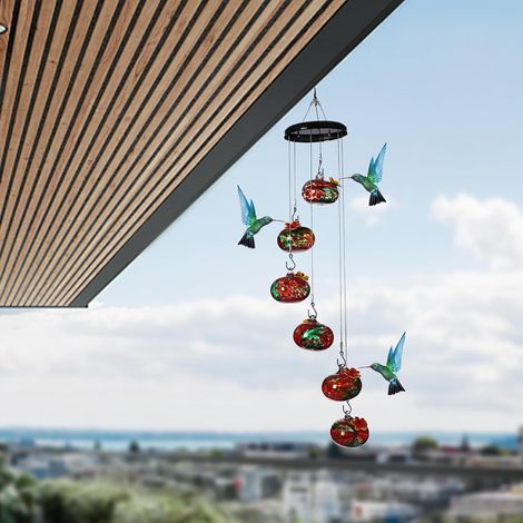 Hummingbird Feeder, Wind Chimes Hummingbird Feeders with 6 Glass Balls, Outdoors Hanging Decor for Hanging from Tree Branches, Decks and Patios (Red) (1/5)