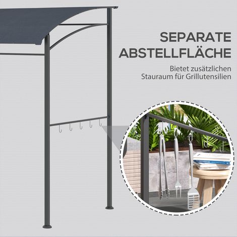 Pavillon de barbecue, abri de grill, protection pluie, crochets pour accessoires, cadre en acier, gris, 215 x 150 x 174/220 cm (1/4)