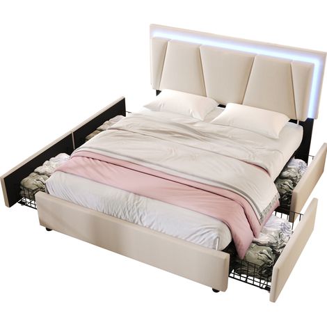 Lit coffre 160x200 cm avec LED, tête de lit réglable, 4 tiroirs et matelas 720 ressorts, beige, sommier à lattes, pour chambre moderne CHICFURN (1/5)