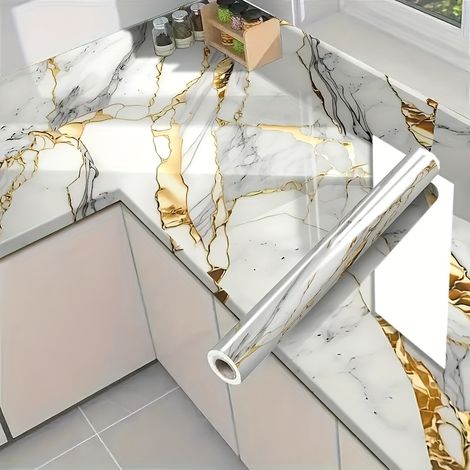 1 rollo de hojas doradas con baño de oro 60cm10m, pegatinas antiaceite y anti-humedad, adhesivo autoportante para mosaico de pared (1/5)