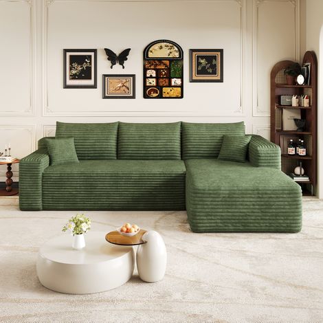 Divano angolare 241 cm verde in tessuto corduroy, senza montaggio, stile moderno e comfort morbido