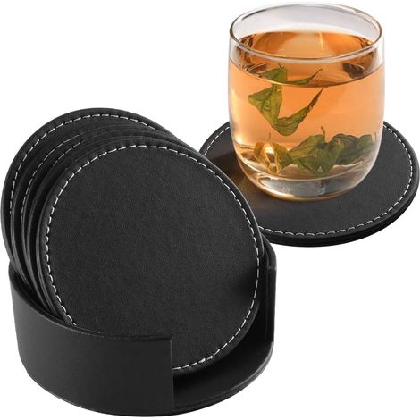Dessous de verre en cuir PU antidérapant avec support, résistant à la chaleur, rond, pour tasses à café, bière ou thé.
